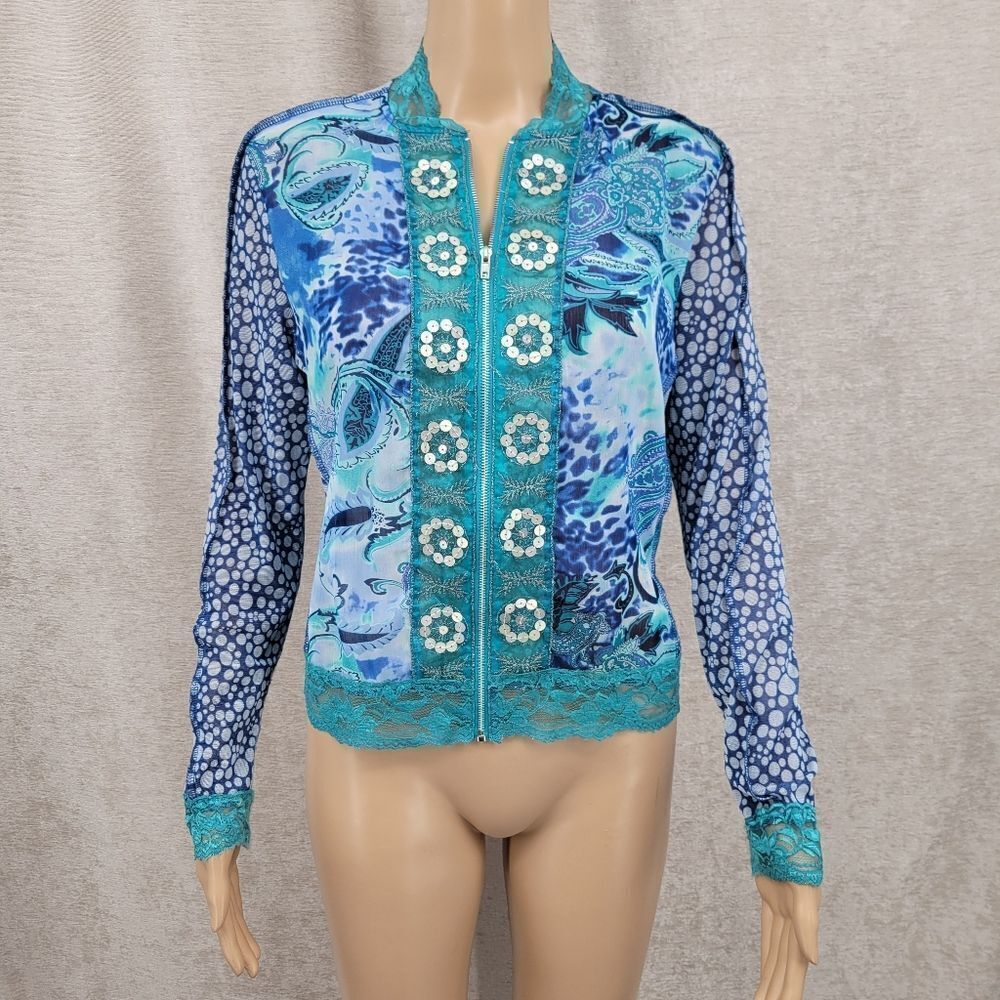Jaipur Blue Leopard Animal Floral Pattern Mesh and Lace Lightweight Jacket